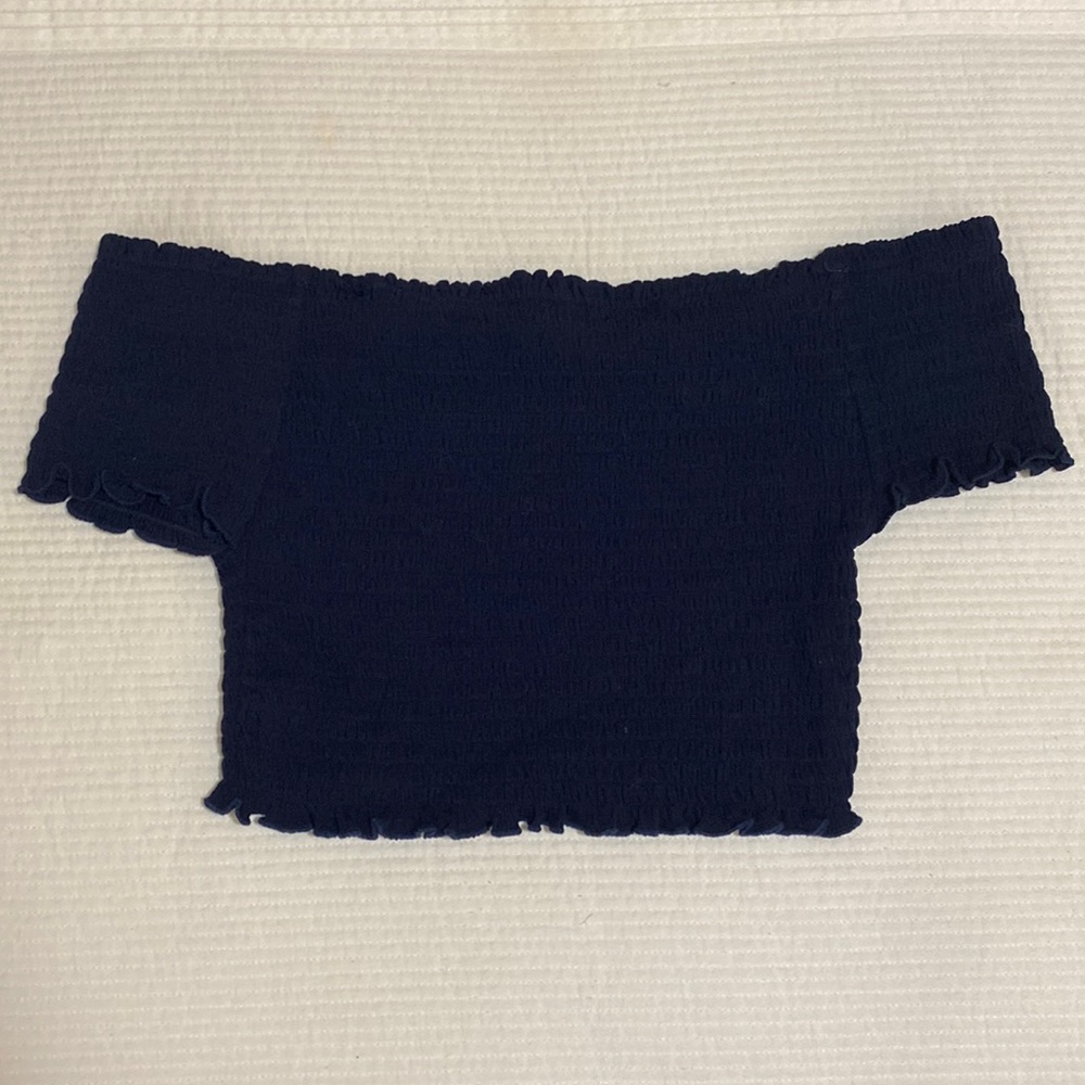 Off the shoulder, navy blue crop top.